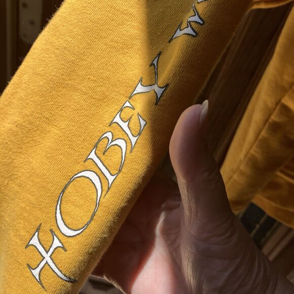 OBEY Logo Pullover Yellow Hooded Sweatshirt Hoodie Women's Size Large Butterfly - Picture 5 of 10